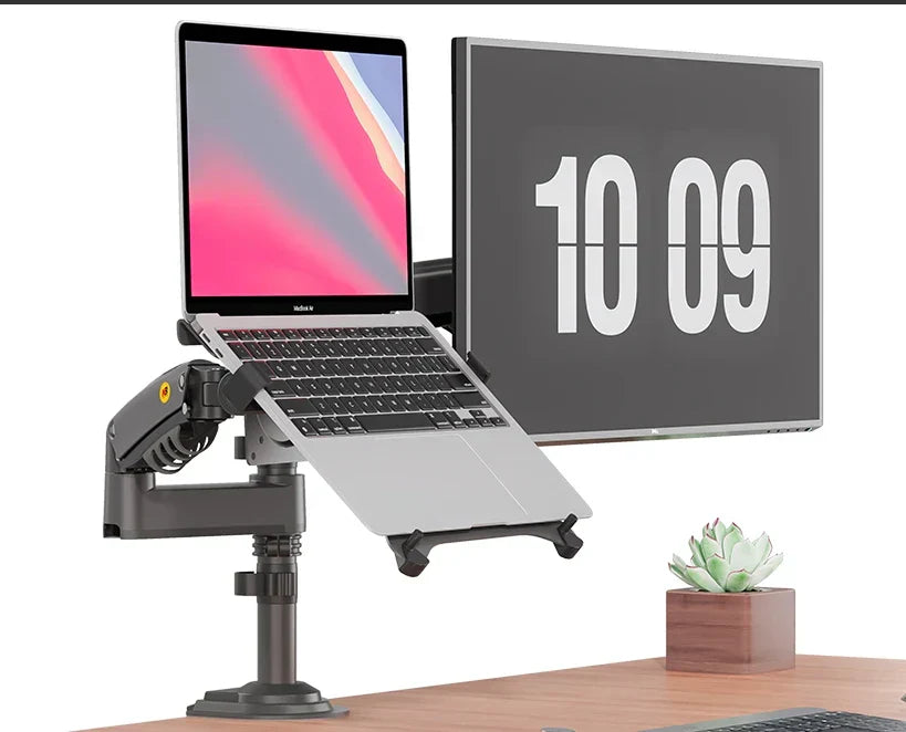 Brazo dual con resorte de gas para monitor (17–27 pulgadas) y portátil (10–17 pulgadas) – Ajustable en altura – Carbón mate