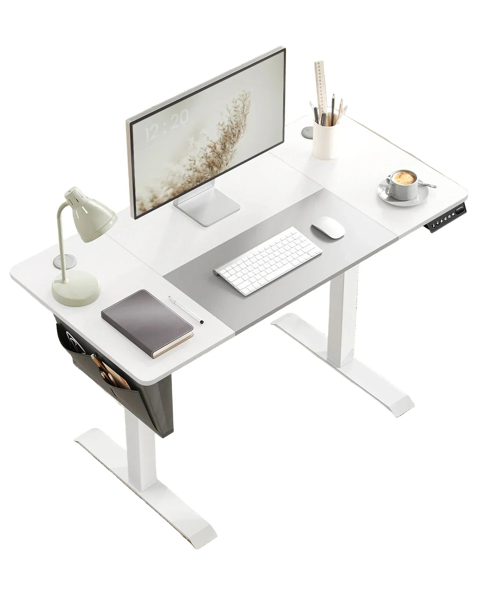 Escritorio eléctrico ajustable en altura con organizador de tela – 120 x 60 cm – MDF y acero