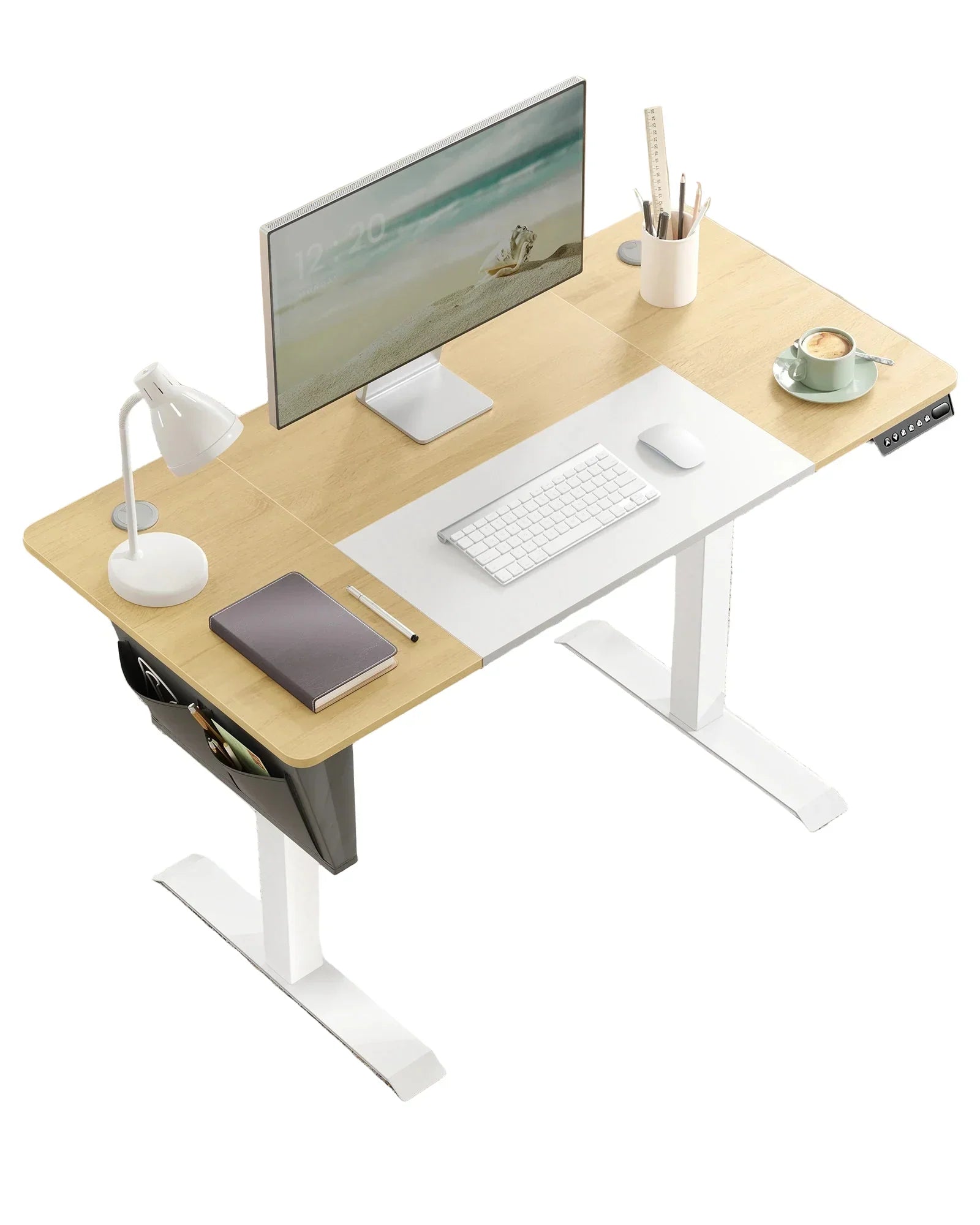 Escritorio eléctrico ajustable en altura con organizador de tela – 120 x 60 cm – MDF y acero