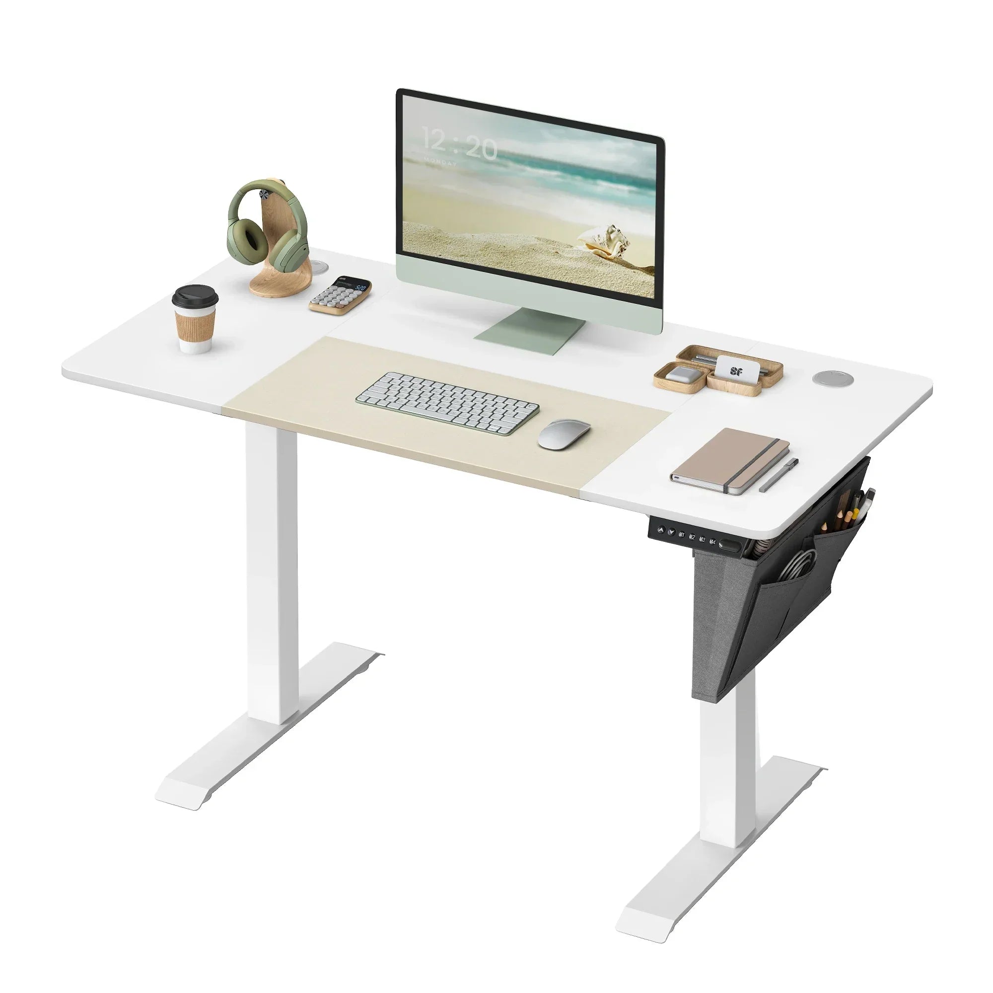 Escritorio eléctrico ajustable en altura con organizador de tela – 120 x 60 cm – MDF y acero